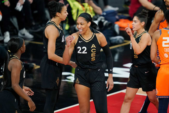 Las Vegas Aces forward A'ja Wilson (22) reacts after a play against the Connecticut Sun during the first half in Game 2 of a WNBA basketball final playoff series Tuesday, Sept. 13, 2022, in Las Vegas.